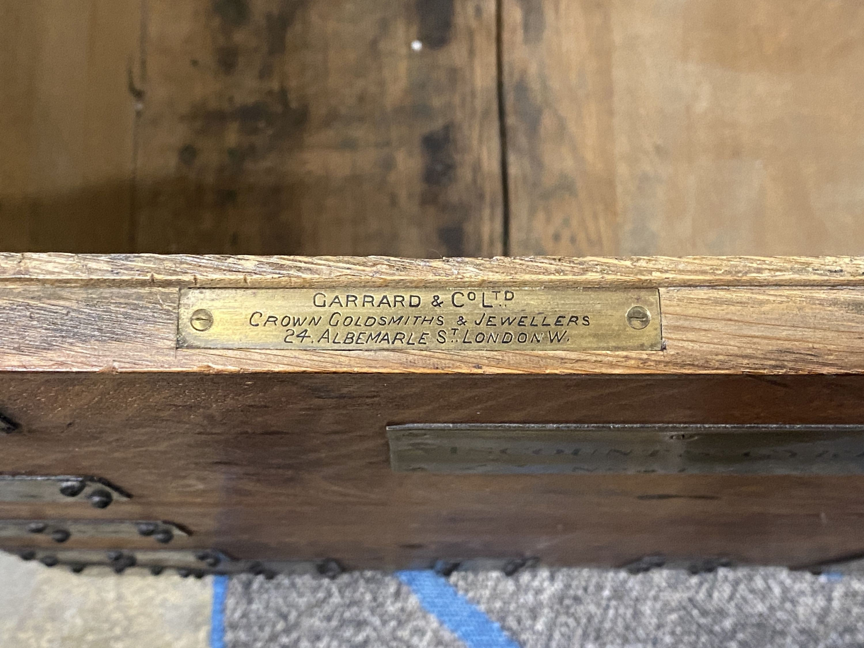 A Victorian iron bound oak silver chest, the engraved brass plaque reads 'Viscount St Cyers No 1', width 89cm, depth 63cm, height 65cm